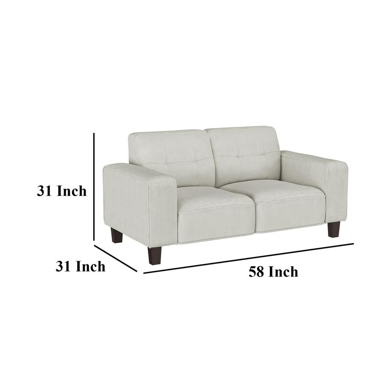 Dero Loveseat, 58 Inch, Light Gray Faux Corduroy, Modern Track Arms - Benzara