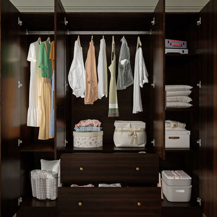 Brown Wood Grain 63 in. W 4-Door Big Armoires With Mirror, 2 Hanging Rods, 2 Drawers, Storage Shelves (70.9 in. H)