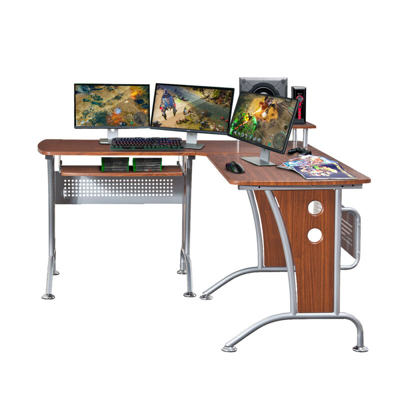 Deluxe L-Shaped Computer Desk With Pull Out Keyboard Panel, Mahogany