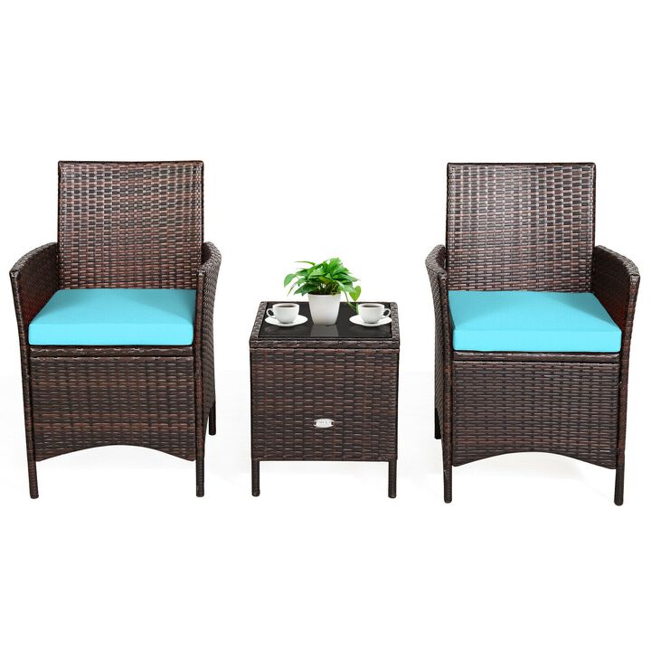 3 Pieces Patio Rattan Conversation Set with Glass Top Coffee Table and Cushions