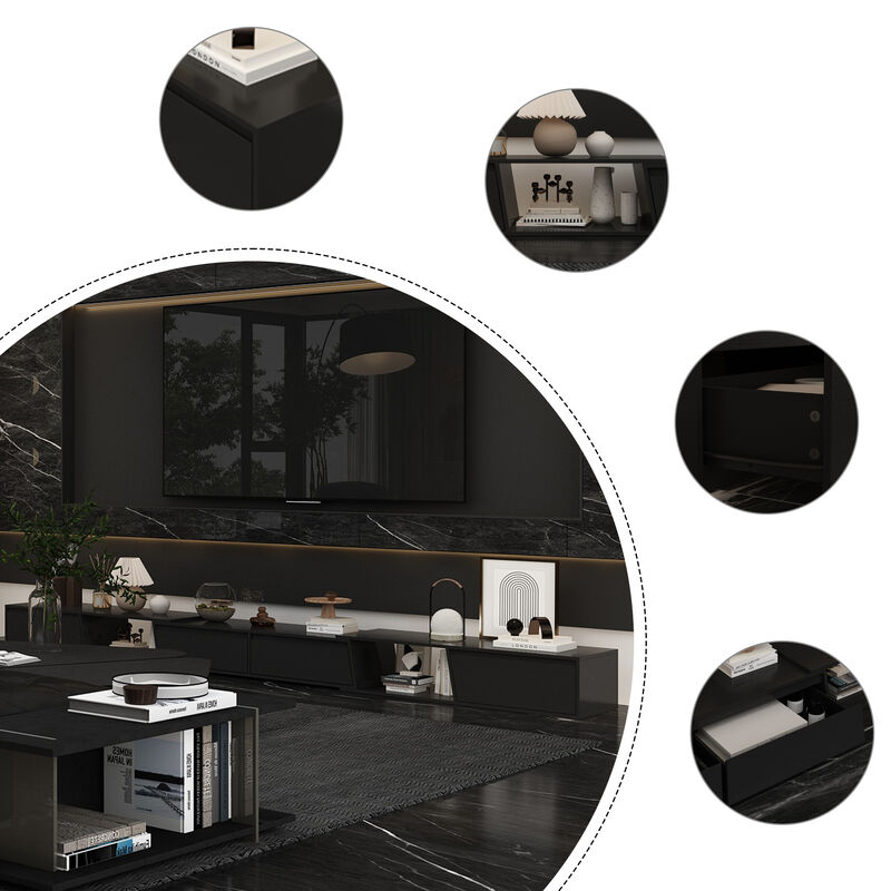 Modern Wood Black TV Media Console Entertainment Center with Adjustable Length and Drawers Fits TV's up to 100 in.