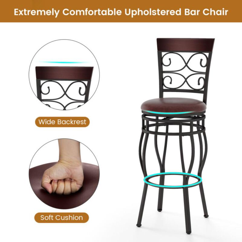 Hivvago 2 Pieces 30 Inch 360 Degree Swivel Bar Stools with Leather Padded Seat-Brown