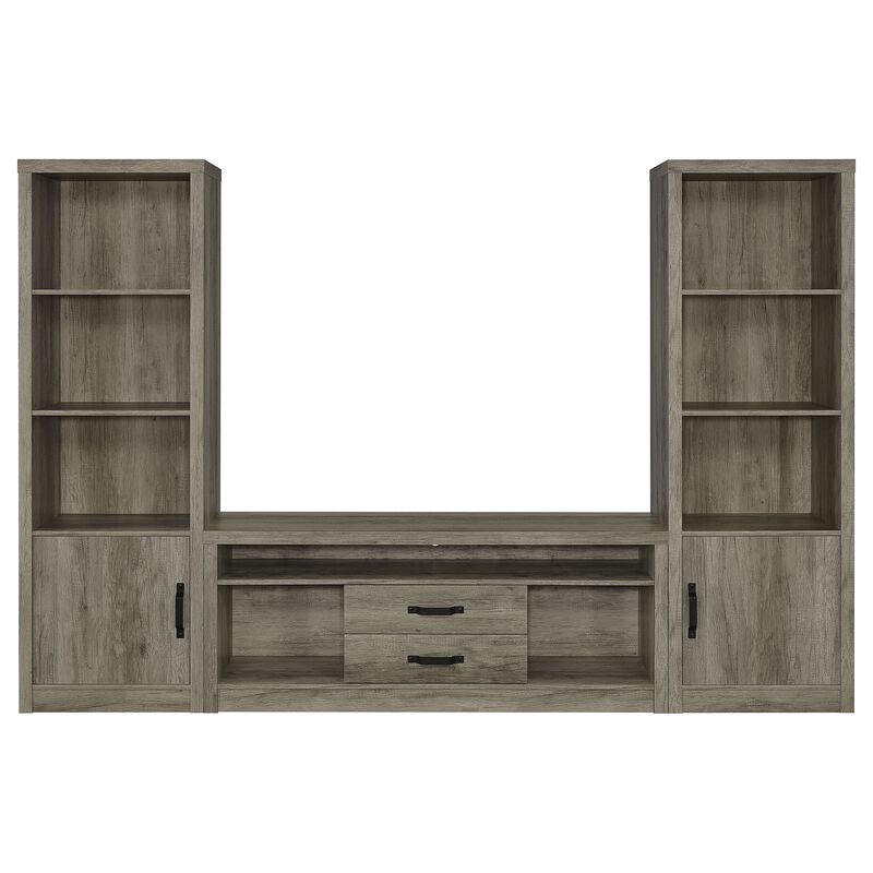 TV Entertainment Console with 2 Media Tower, 8 Compartments, Driftwood Gray - Benzara