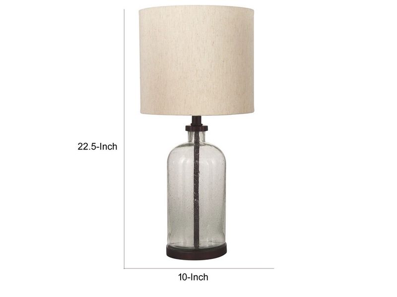 Cylindrical Seeded Glass Table Lamp with Fabric Drum Shade, Beige and Clear - Benzara