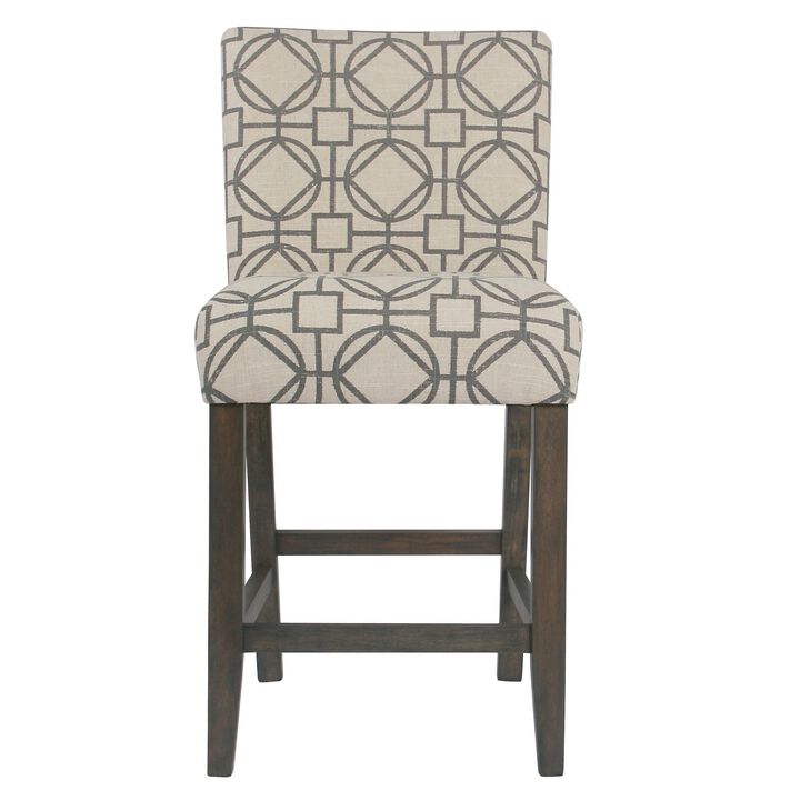 Wooden 24 Inch Counter Height Stool with Trellis Pattern Fabric Upholstery, Cream and Gray - Benzara