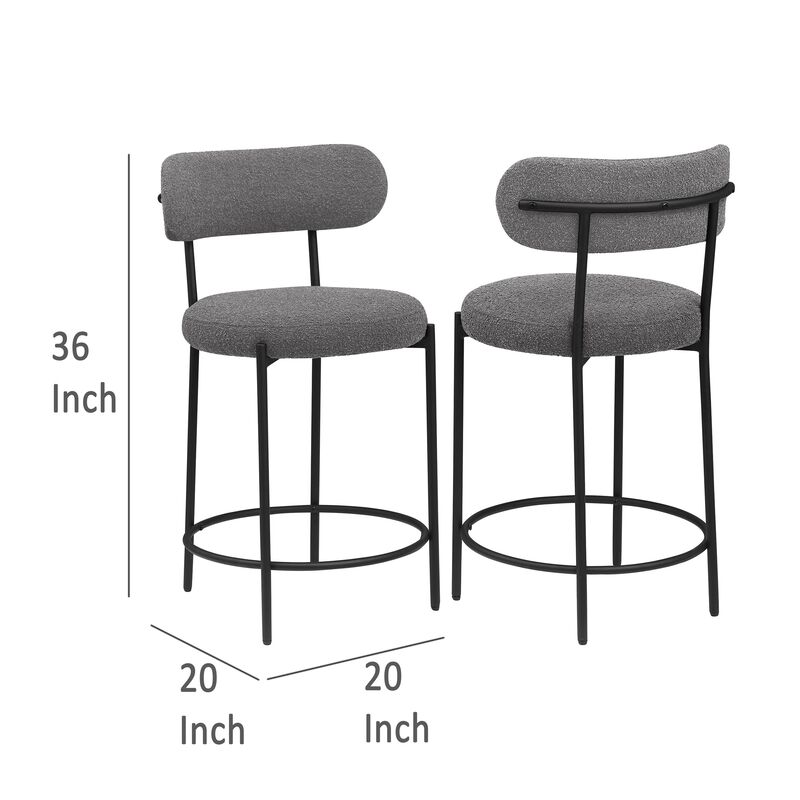 Winona Counter Height Chair Set of 2, Gray Boucle, Black Metal 25 Inch - Benzara