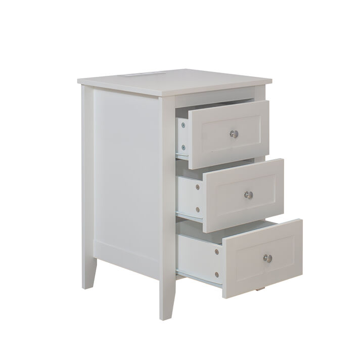 Streamdale Modern White 3-Drawer Nightstand with USB Charging