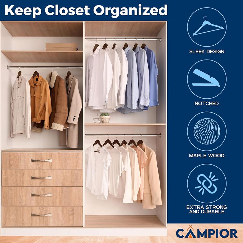 Wooden Clothes Hangers - 50 Pack, Durable, Non-Slip, Space-Saving Hangers for Dresses, Coats, and More, Holds Up to 10 lbs with 360° Swivel Hook, Brown Finish