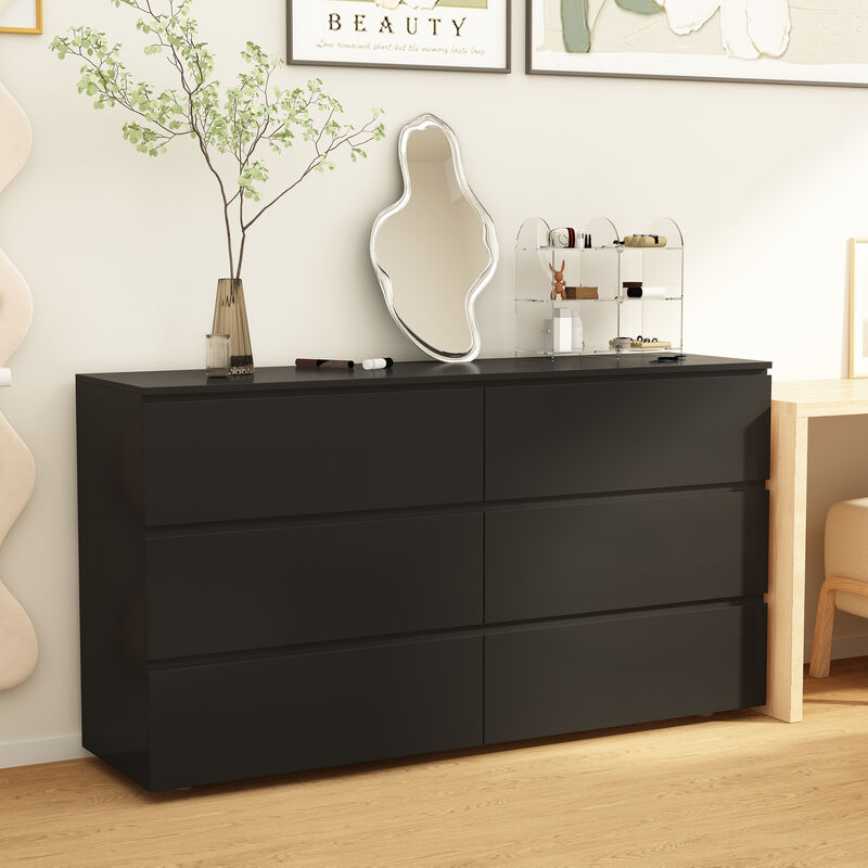 59" L Modern Wood Storage Dresser Chest with 6 Drawers, Double Chest, Anti-Skid Legs & Wide Storage Space for Bedroom, Living Room, Black