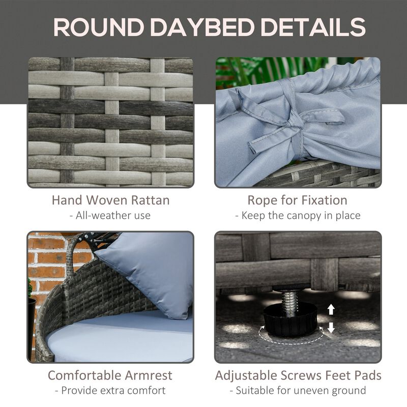 Light Grey Outdoor Lounge: Rattan Daybed with Canopy & Sectional Design