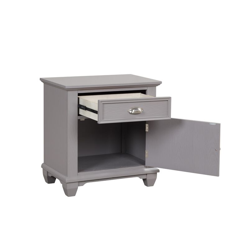 Limi Nightstand, 1 Drawer, 1 Door Cabinet, Gray Solid Wood, 28 Inch - Benzara