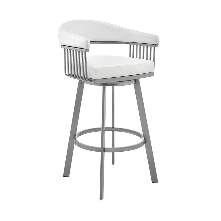 Bronson Bar Height Swivel Bar Stool in Silver finish and White Faux Leather
