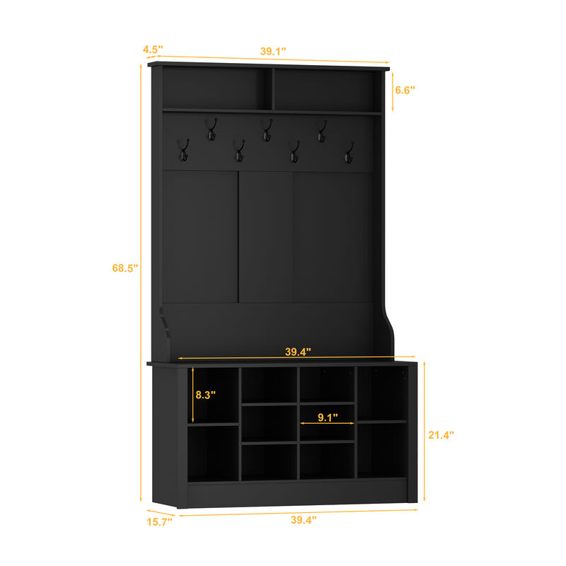 68.5 in. Black Wood 3-in-1 Hall Tree Coat Rack Storage Bench with 7-Metal Double Hooks and Shelves