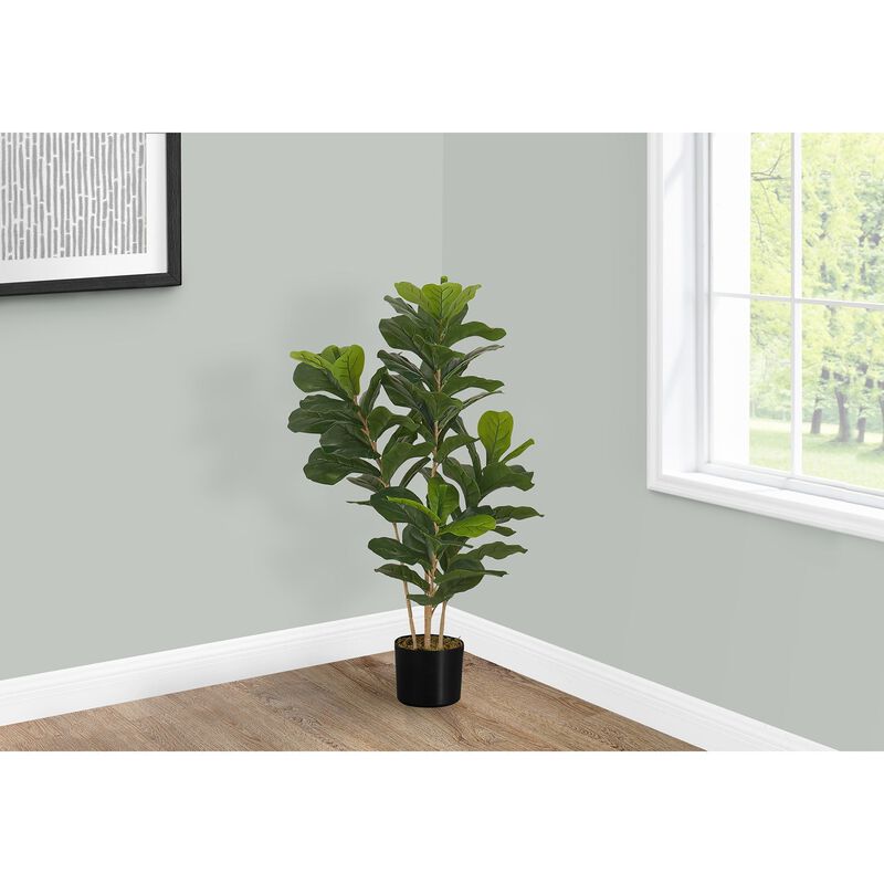 Monarch Specialties I 9540 - Artificial Plant, 41" Tall, Fiddle Tree, Indoor, Faux, Fake, Floor, Greenery, Potted, Real Touch, Decorative, Green Leaves, Black Pot