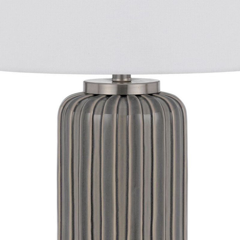 29 Inch Ceramic Curved Table Lamp with Stripes, Dimmer, Gray-Benzara