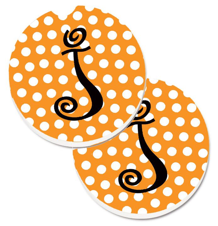 Caroline's Treasures Monogram Initial J Orange Polkadots Set of 2 Cup Holder Car Coasters CJ1033-JCARC, 2.56, Multicolor