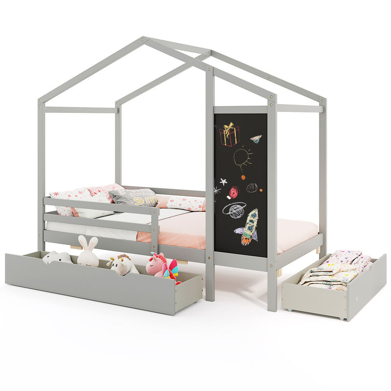 Kids Bed with 2 Drawers Solid Wood Bed with Blackboard