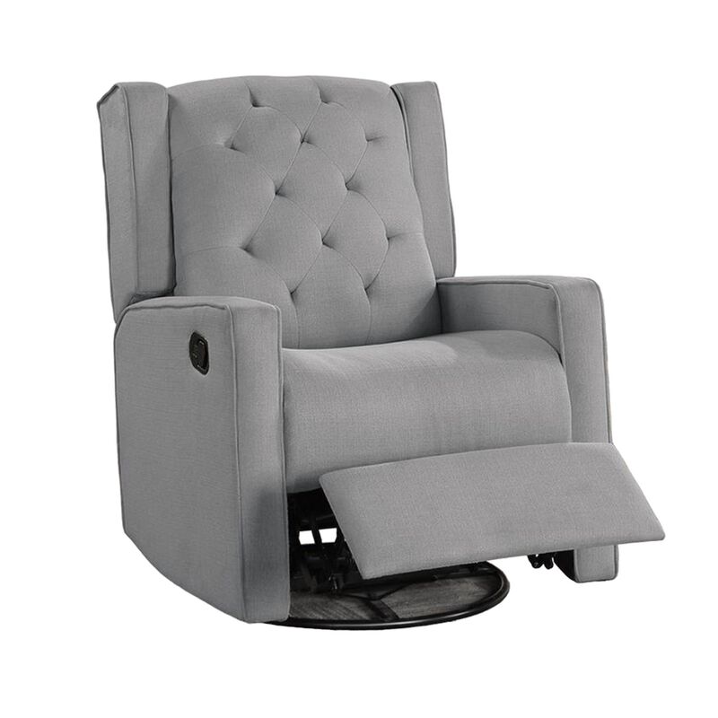 Manie Swivel Glider Manual Recliner, Solid Wood, Classic Gray Burlap - Benzara
