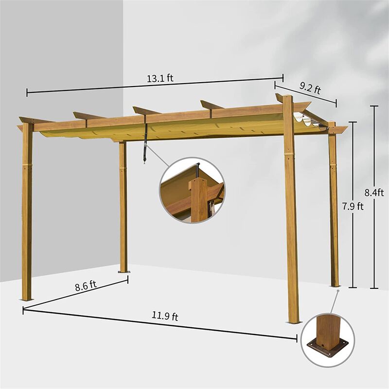 MONDAWE 13 ft. x 9 ft. Yellow Brown Outdoor Patio Gazebo Aluminium Frame Trellis Grape Pergola with Retractable Shade Canopy