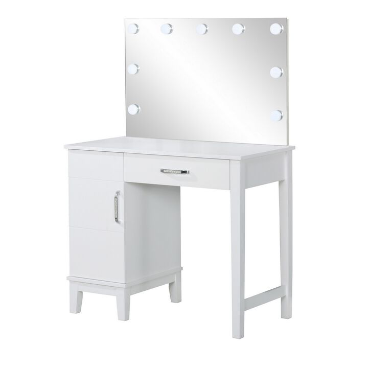 Vanity Set with 9 LED Bulbs and Tapered Block Legs, White-Benzara