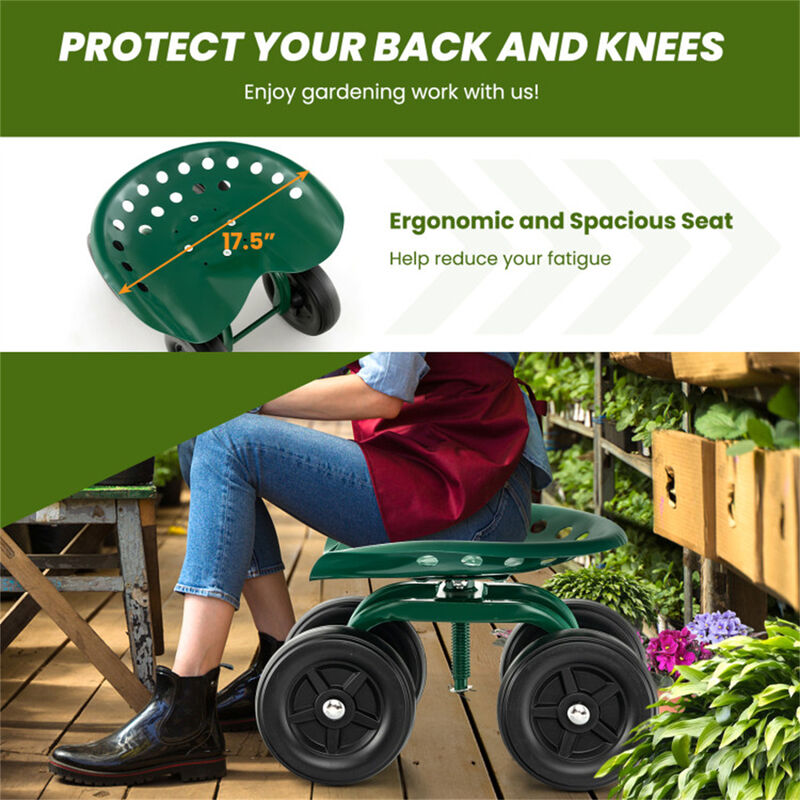 Rolling Garden Workseat with 360° Swivel Seat, Adjustable Height & Durable Wheels