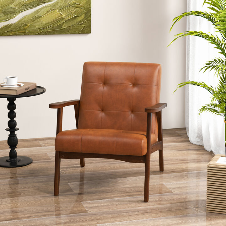 Mid Century Modern Accent Chair with Solid Rubber Wood Frame and Leather Cover