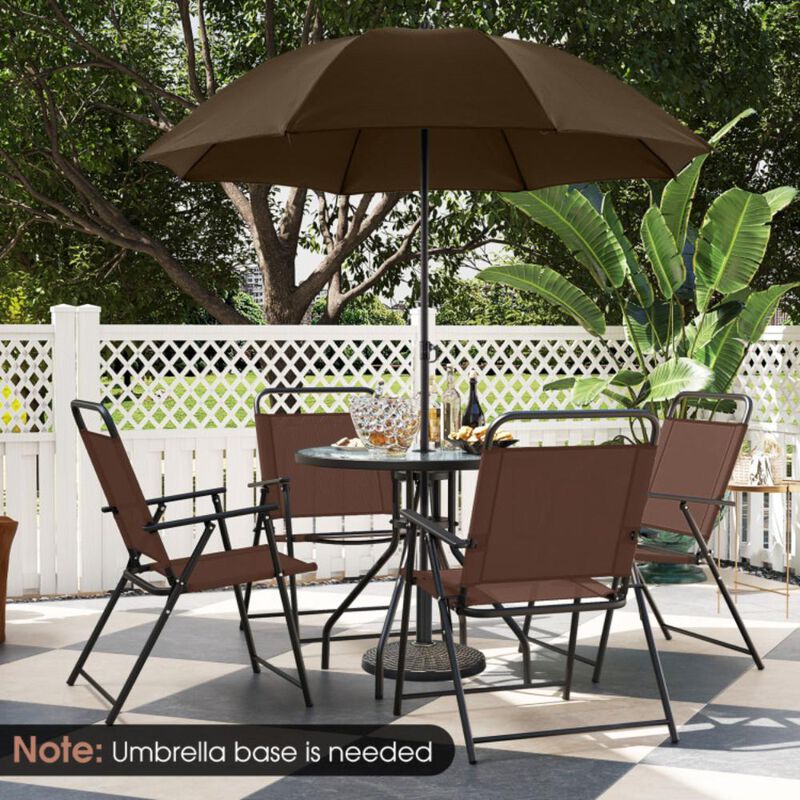 Hivvago 6 Pieces Patio Dining Set Folding Chairs Glass Table Tilt Umbrella for Garden