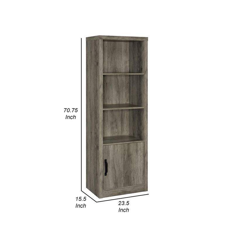 Sac 71 Inch Media Pier Tower with 3 Shelves and Single Cabinet, Gray Wood - Benzara