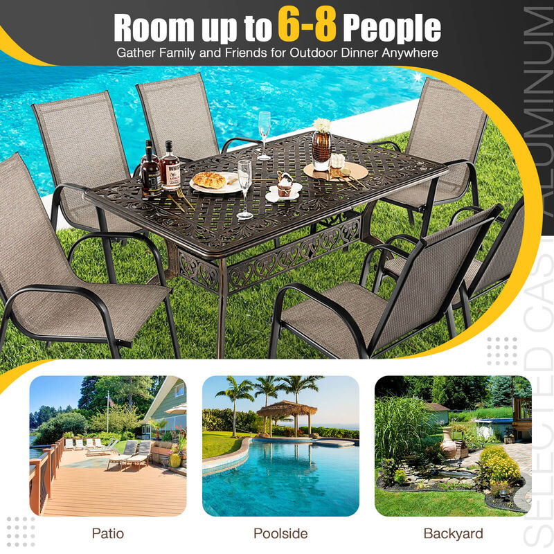 59 Inch Aluminum Patio Dining Table with Umbrella Hole fot 6 Persons