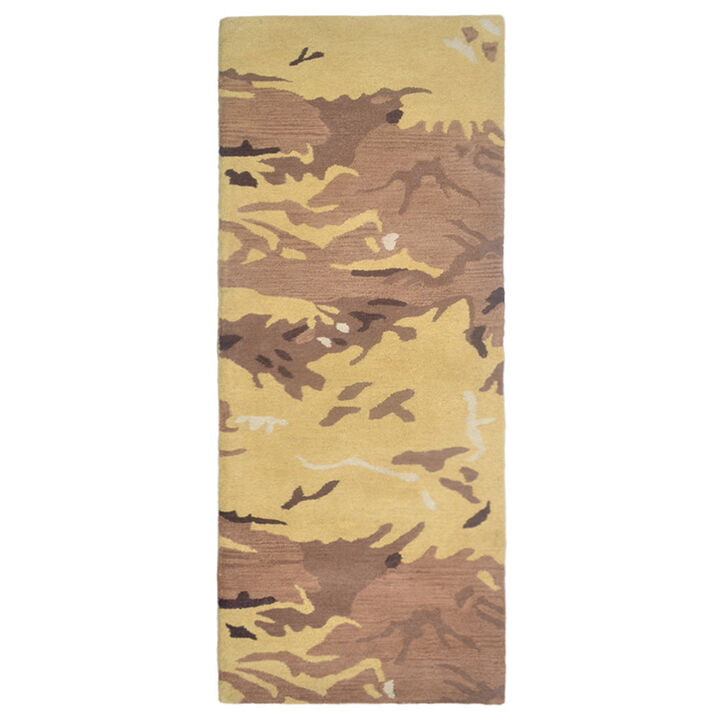 RUGSOTIC CARPETS HAND TUFTED WOOL ECO-FRIENDLY AREA RUGS - 2'6''x10', Runner Shape, Brown & Gold, Abstract Modern Design, High Pile Handmade Anti Skid Area Rugs for Living Room, Bed Room (K00308)