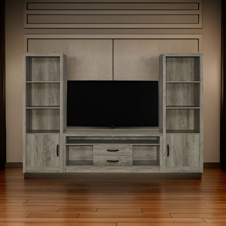 TV Entertainment Console with 2 Media Tower, 8 Compartments, Driftwood Gray - Benzara