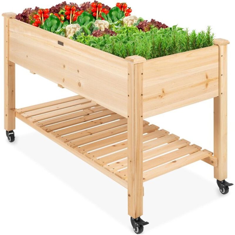 QuikFurn Solid Wood Locking Wheels Raised Mobile Garden Wood Planter Elevated Planter