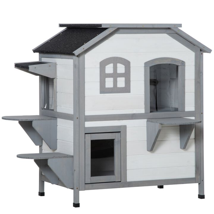 White Outdoor Cat Home: 2-Story Shelter with Escape Door and Platforms White Outdoor Cat Home: 2-Story Shelter with Escape Door and Platforms