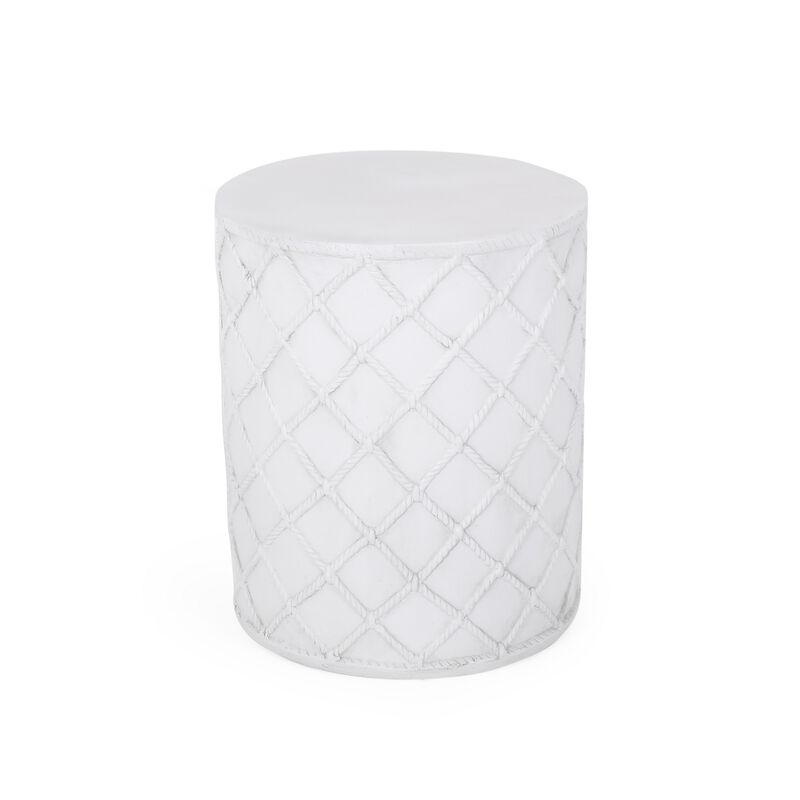 Outdoor End Table, Round 15 Inch Top, Antique White Faux Concrete - Benzara