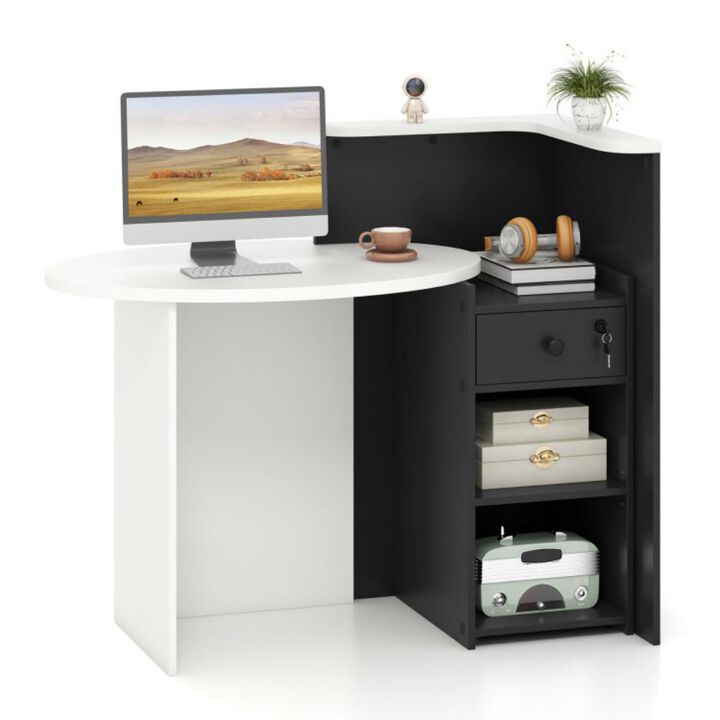 Front Reception Office Desk with Open Shelf and Storage Drawer for Organized Workspace
