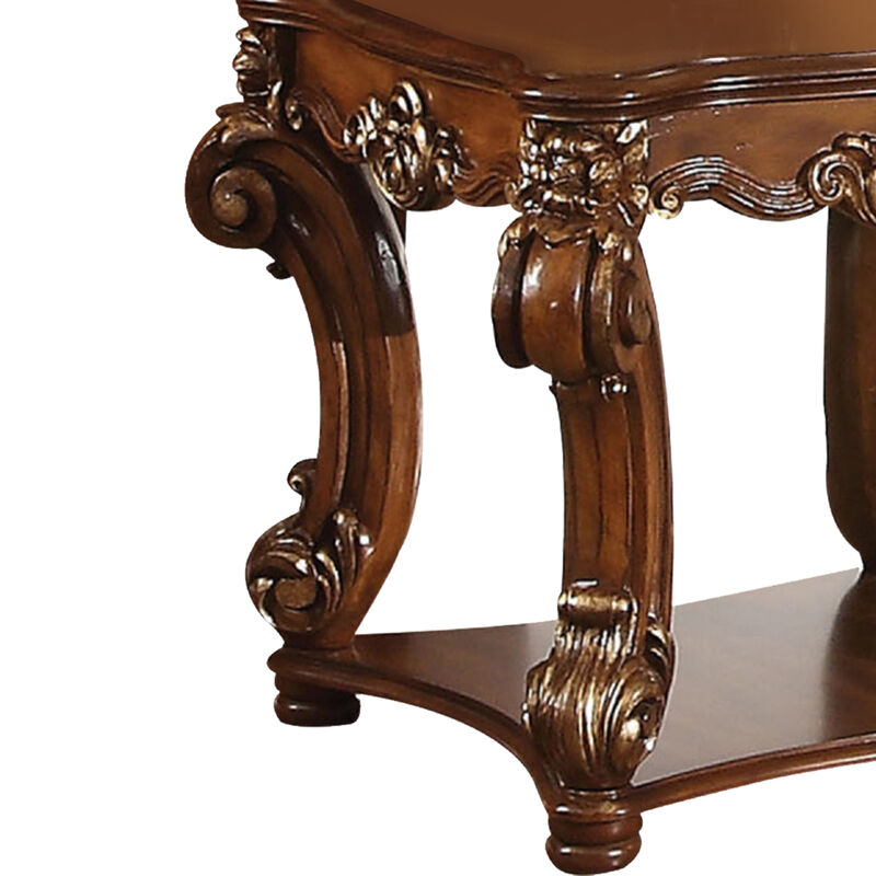 Square Top End Table With Scrolled Leg And Bottom Shelf, Cherry Brown-Benzara