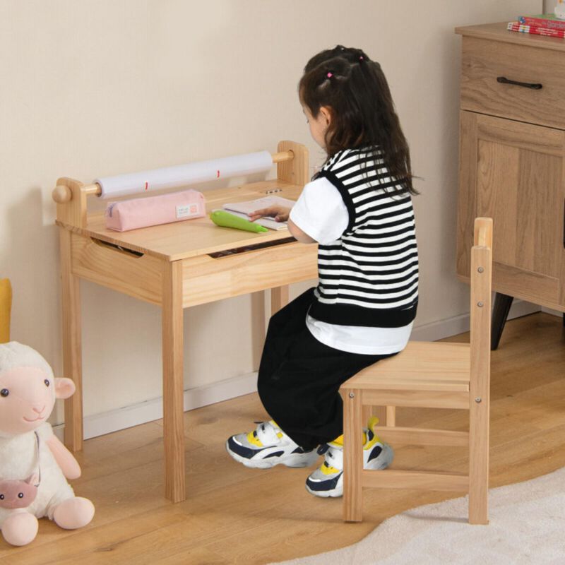 Hivvago Toddler Multifunctional Activity Table and Chair Set with Paper Roll Holder-Natural