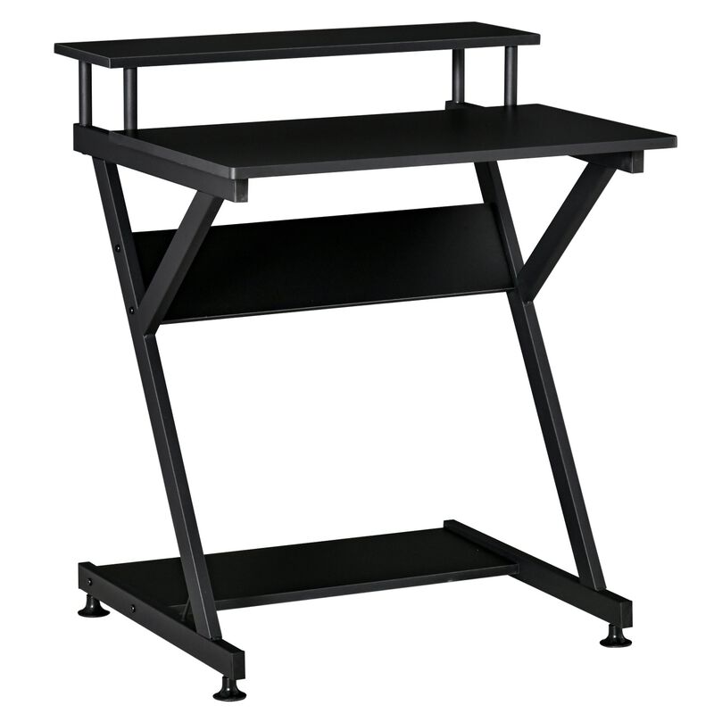 Black Home Office: Industrial R-Shaped Desk with Monitor Shelf