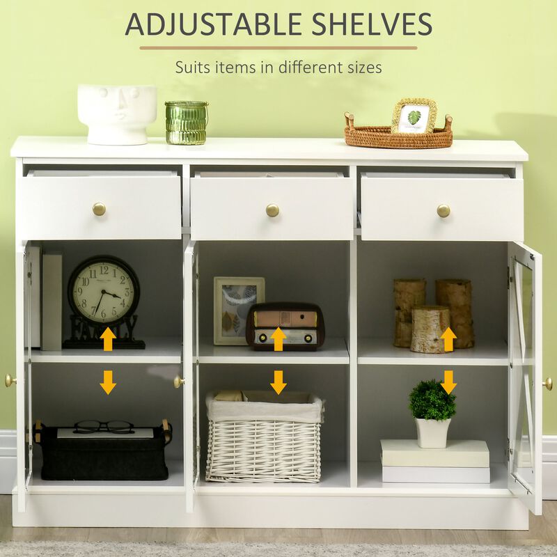 White Farmhouse Buffet: Modern Sideboard with Bronze Handle, Glass Barn Door, 3 Drawers
