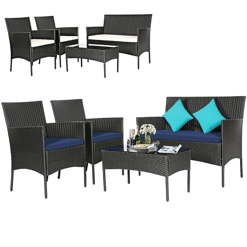 4 Pieces Patio Rattan Cushioned Sofa Set with Tempered Glass Coffee Table-Navy & Off White