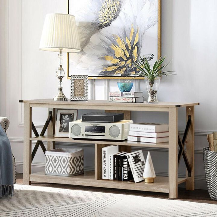 Hivvago 3 Tier Wood TV Stand for 55-Inch with Open Shelves and X-Shaped Frame