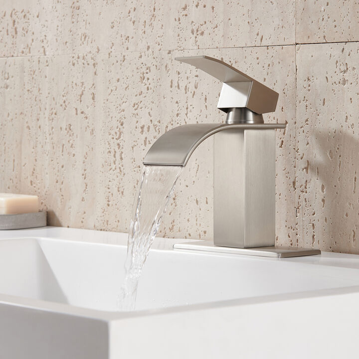 Mondawe Single Handle Bathroom Sink Faucet, Waterfall Spout Bathroom Sink Faucet for Bath and RV Sinks, Deck Mount 1 hole or 3 holes