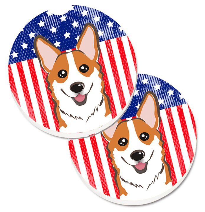 Caroline's Treasures American Flag & Red Corgi Set of 2 Cup Holder Car Coasters BB2184CARC, 2.56, Multicolor