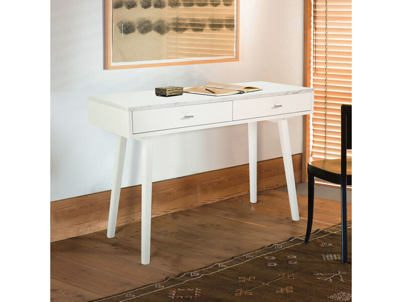 Viola 44"L x 15"W x 30"H Rectangular Italian Carrara White Marble Writing Desk with Oak Legs