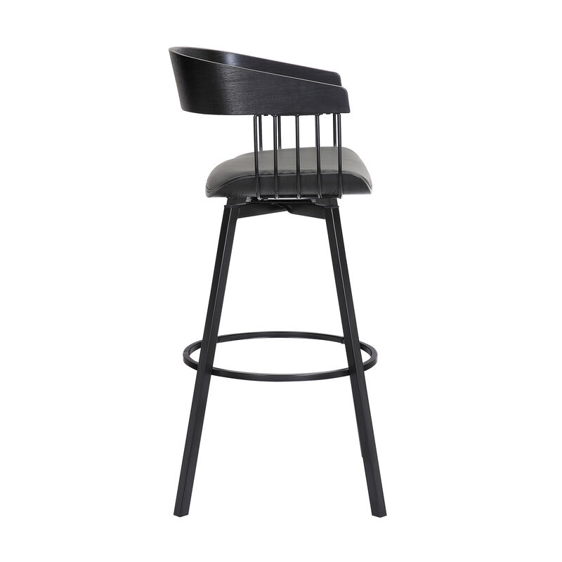 Athena Swivel Black Wood Counter Stool in Grey Faux Leather with Black Metal