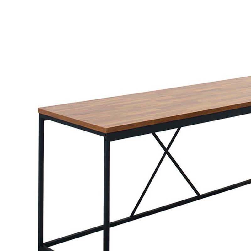 Posy Corner Desk, L Shaped Black Metal Frame, X Crossed, Oak Brown Wood Top - Benzara