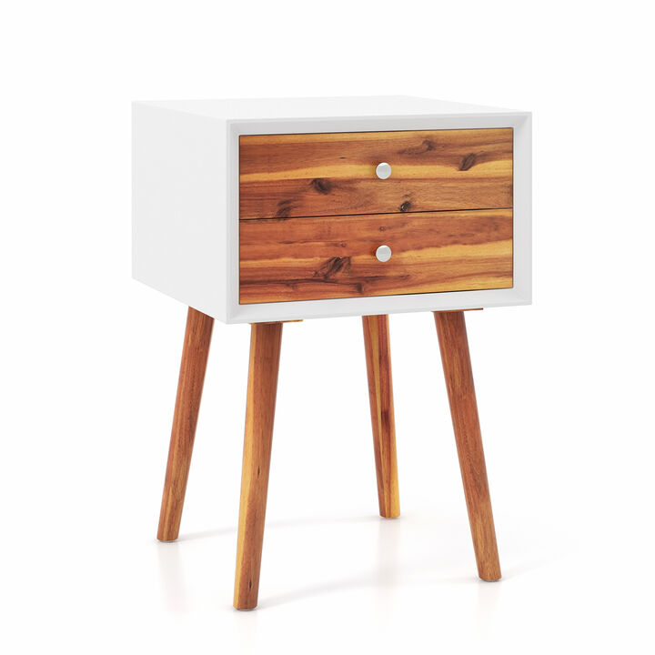 Wooden Nightstand Mid-Century End Side Table with 2 Storage Drawers