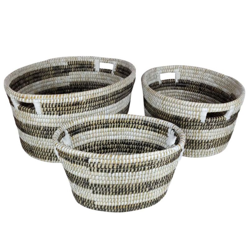 Hivvago Natural Canes Grass Baskets Stackable Storage Bins Set of 3 with Hollowed Handles