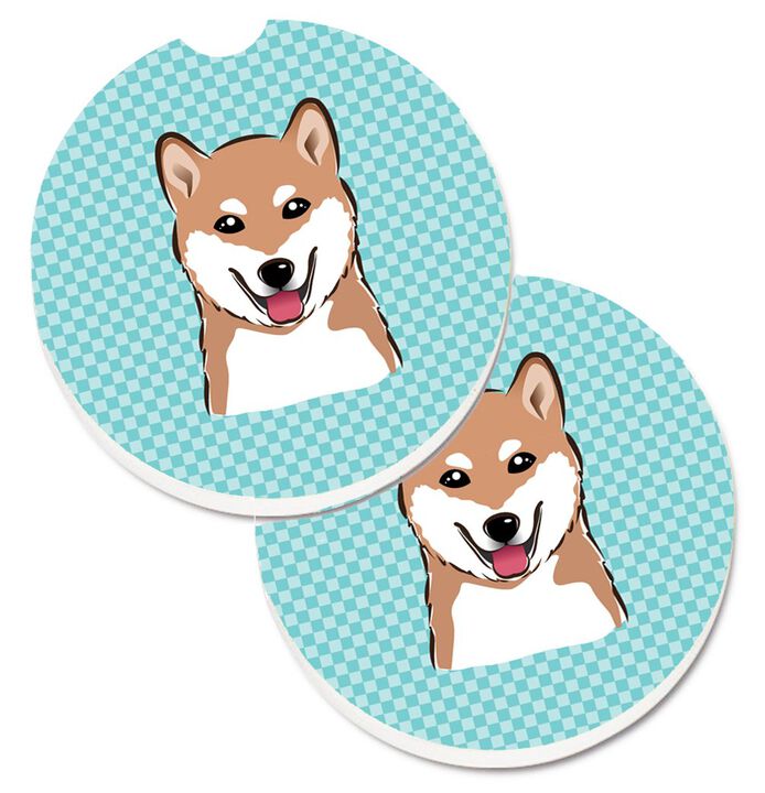 Caroline's Treasures Checkerboard Blue Shiba Inu Set of 2 Cup Holder Car Coasters BB1163CARC, 2.56, Multicolor
