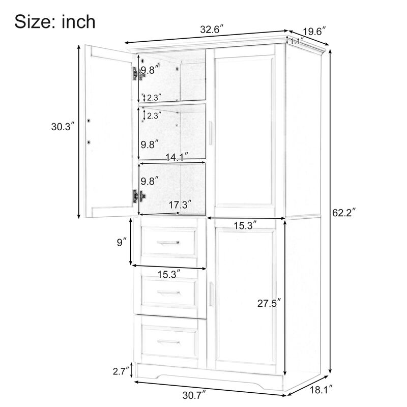 Tall And Wide Storage Cabinet With Doors For Bathroom/Office, Three Drawers